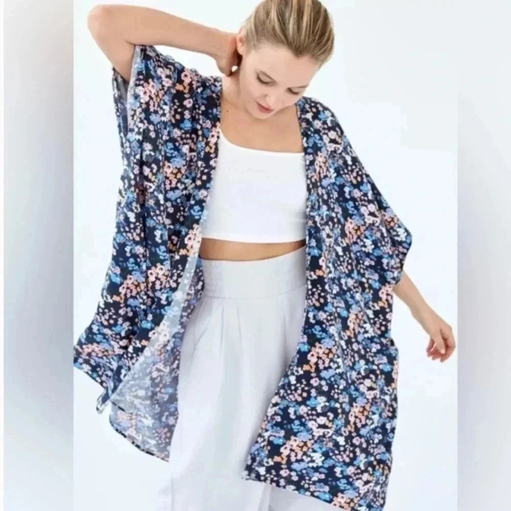 Sunday Best Navy Floral Kimono Cardigan with Blue and Pink Blossoms